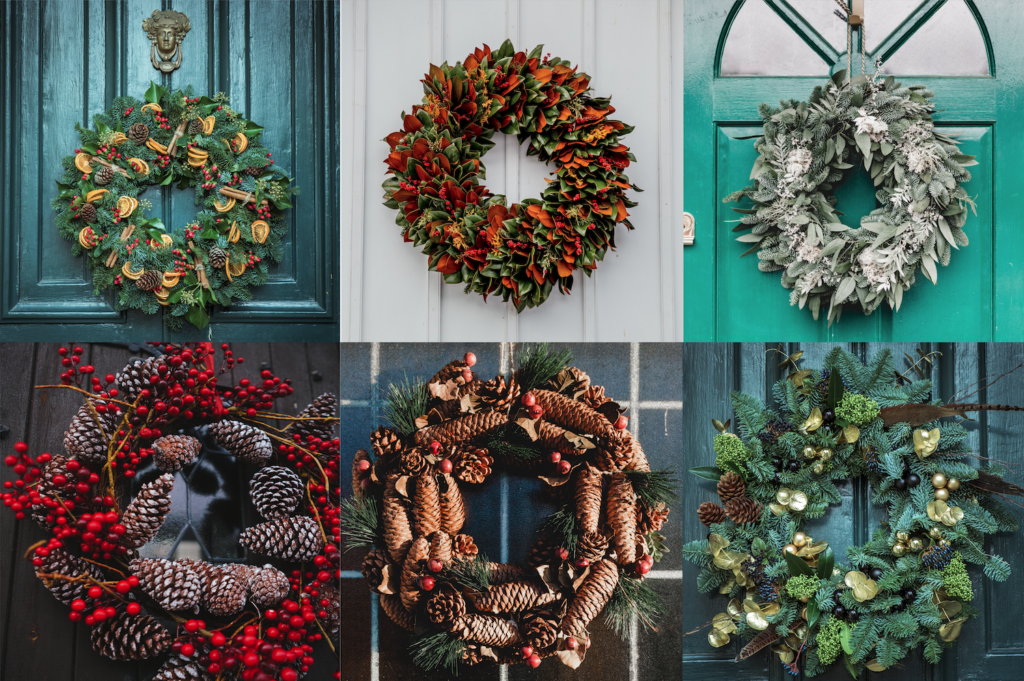 Collage of six images of Christmas wreaths